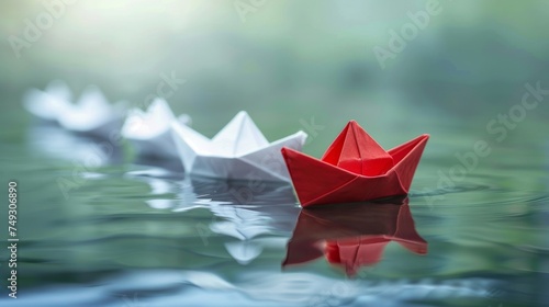 One red paper boat leading a group of white origami boats on a reflective water surface symbolizing leadership