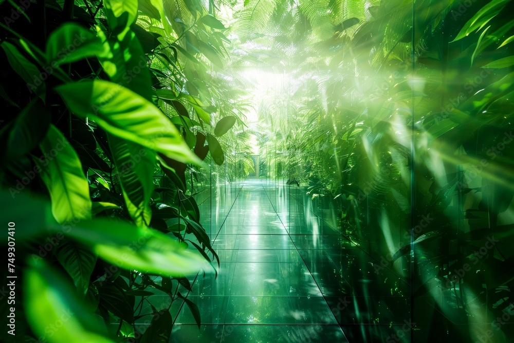 Fototapeta premium A peaceful pathway through lush green foliage in a light-filled greenhouse or indoor garden space