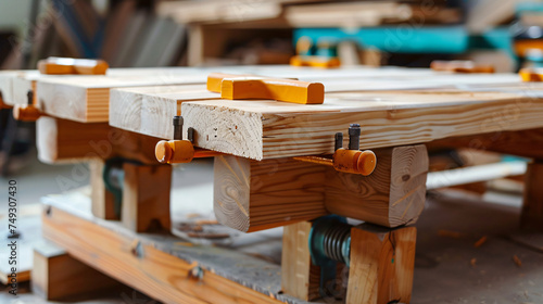 Wooden boards clamped together in the furniture photo