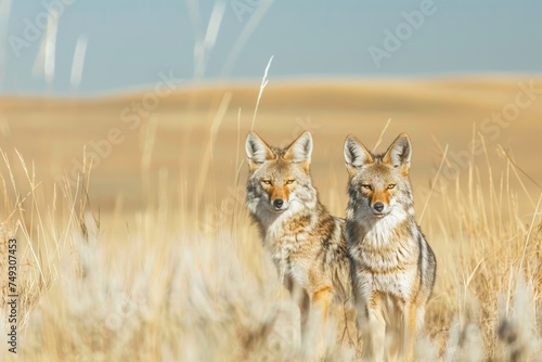 A pair of wary coyotes stand attentive in a grassy field within a natural, wild landscape