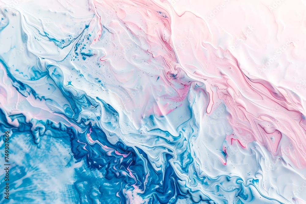 A visually appealing abstract composition resembling an oil slick with swirling pink and blue hues