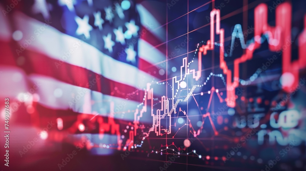 An abstract representation of the USA stock market with financial charts superimposed on the American flag - obrazy, fototapety, plakaty 