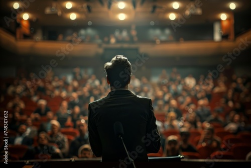 A solemn scene of a lone speaker standing before a captivated audience in a dimly lit auditorium