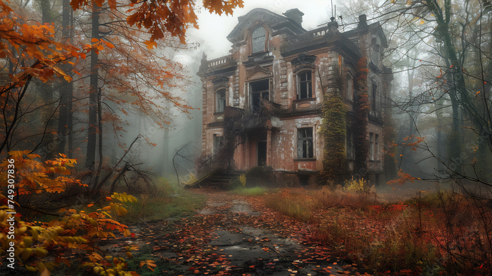 An abandoned mental hospital, in autumn, in the woods, in the rain, in the fog. Generative AI