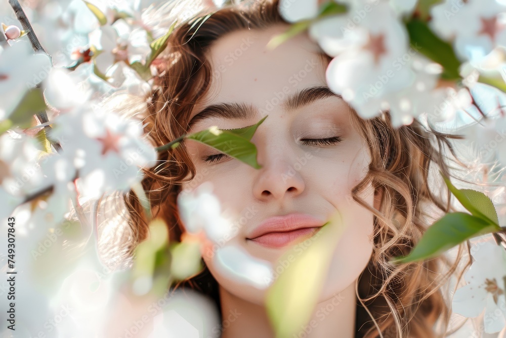 Close-up of woman's face amongst white blossoms, eyes closed, serene expression