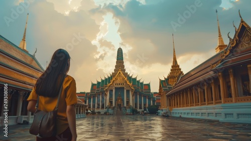 Beautiful Asian girl walks in Wat Phra Kaew and tours the Grand Palace in Bangkok, Thailand. photo