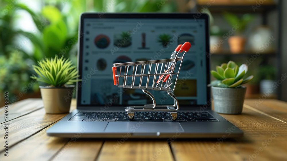 Virtual Online Shopping Concept with a Miniature Shopping Cart in Front of a Laptop Blurred Background 