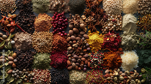 Variety of spices and herbs on wooden background. Top view.