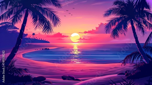 Vibrant digital art of a tropical beach landscape during a breathtaking sunset