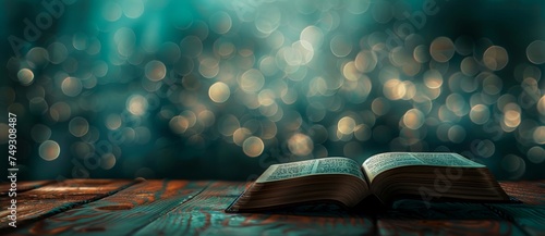 Mystical open book on a rustic wooden surface with a magical array of bokeh lights enhancing the atmosphere