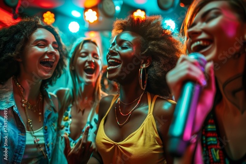 Group of joyous women singing karaoke and laughing in colorful lights
