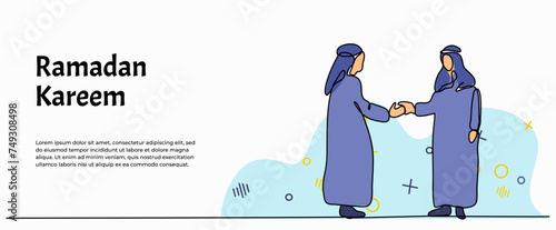 Vector illustration of two young man shaking hands with standing. Modern flat in continuous line style