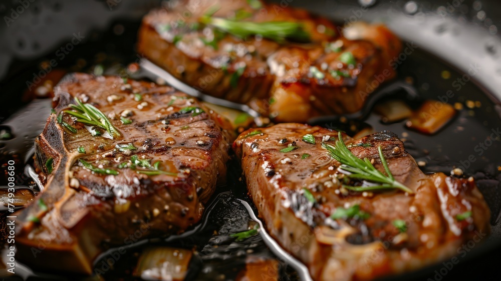 Porterhouse steak in wine sauce in skillet. Porterhouse steak in wine sauce in skillet.