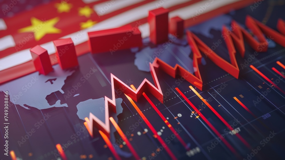 Decreasing stock bar graph with USA and China flags It symbolizes the ...