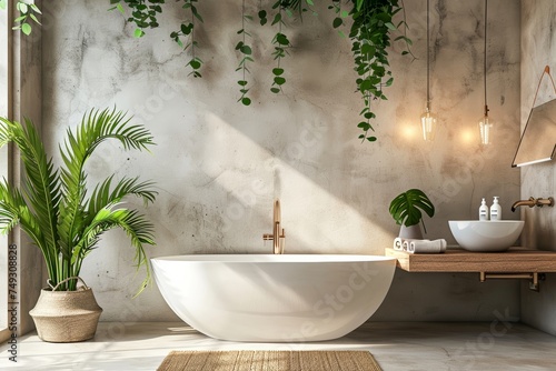An elegant bathroom interior featuring a free-standing bathtub  green plants  and stylish hanging lights against a textured wall