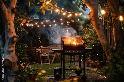 An inviting backyard scene at dusk with a lit barbecue grill, surrounded by lush greenery and twinkling string lights