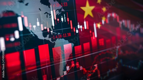 Decreasing stock bar graph with USA and China flags It symbolizes the crisis, trade wars, tariffs between countries, economies.