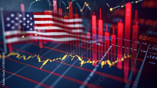 Decreasing stock bar graph with USA and China flags It symbolizes the crisis, trade wars, tariffs between countries, economies.