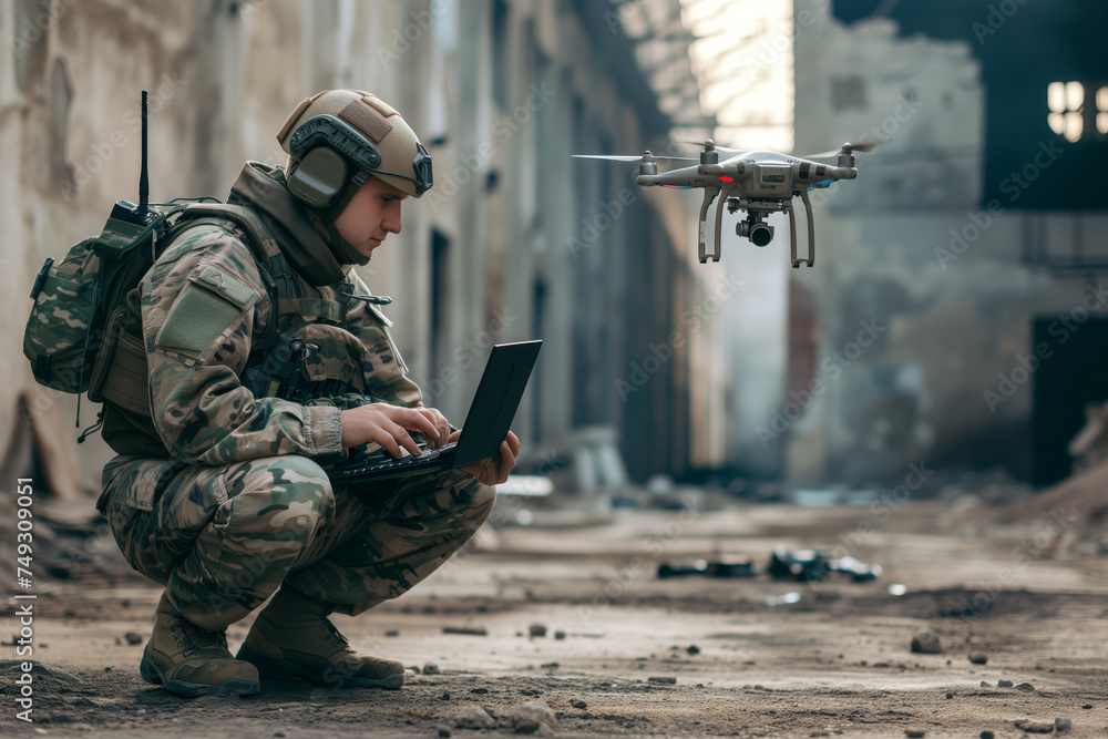 Fototapeta premium Urban Reconnaissance: Soldier Launching Drone