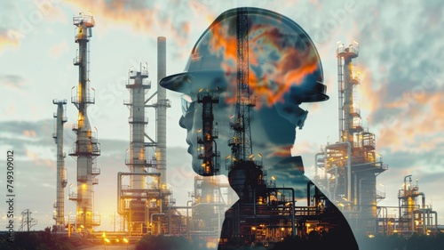 Engineer with safety helmet with oil refinery factory background.