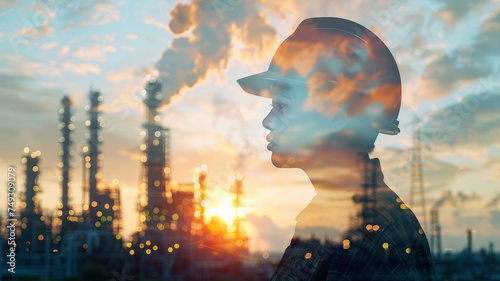 Engineer with safety helmet with oil refinery factory background.