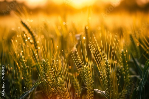 Close-up shot of wheat ears covered in dew drops, illuminated by the warm glow of the morning sun