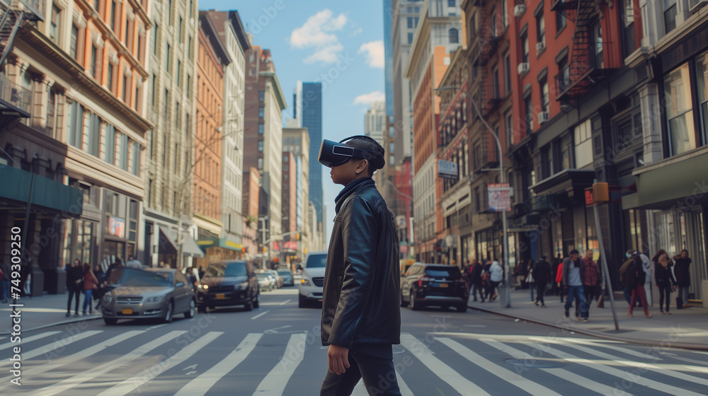 Young man using VR virtual reality glasses while walking in city street, lifestyle and technology concept