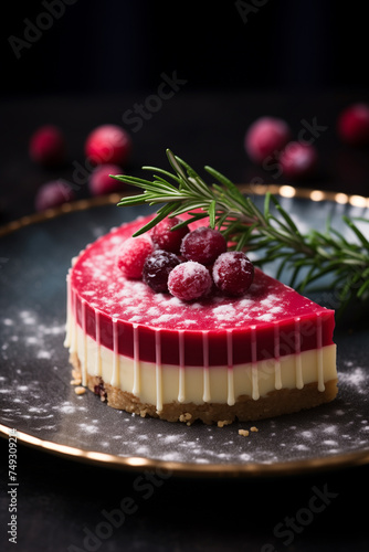 Mini cranberry cheesecake with rosemary and sugared cranberries on a gold-rimmed plate. Gourmet holiday dessert concept with copy space.