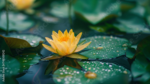 Yellow water lily with green leaves. Nuphar lutea.