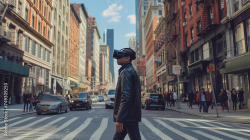 Young man using VR virtual reality glasses while walking in city street, lifestyle and technology concept © Nuchylee