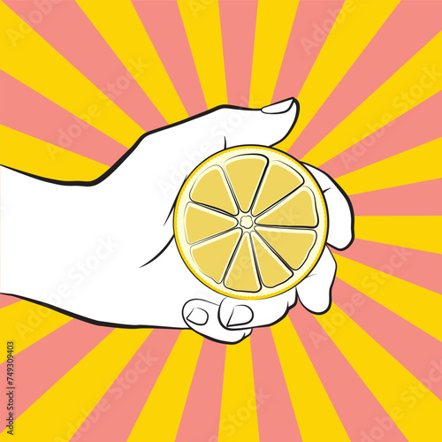 Illustrated colorful hand holding a lemon in pop art style