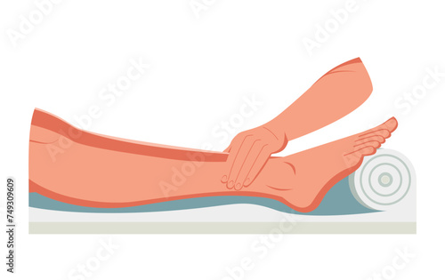Foot massage. Relaxing foot and leg massage concept. Service, prevention, health and medicine. Graphic vector. Cartoon drawing.