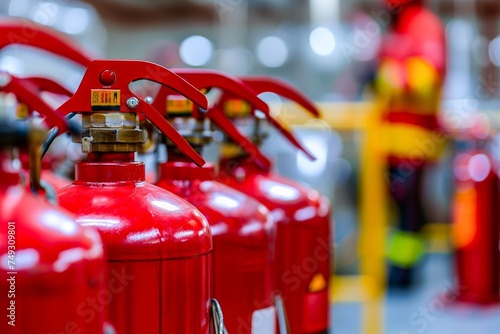 Close up of a group of red fire extinguishers with a blurred background of a worker in protective gear