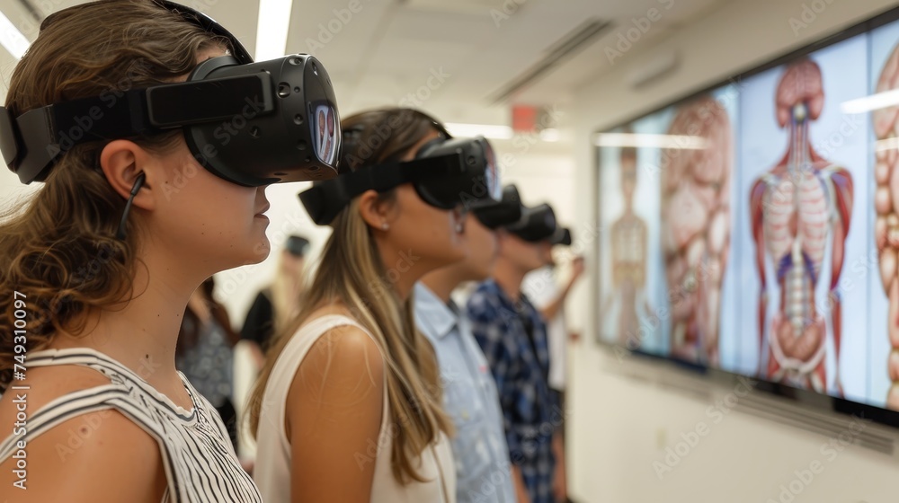 Medical students in a classroom setting engaged in learning human anatomy using virtual reality headsets. Medical students in a classroom setting engaged in learning human anatomy using virtual reality headsets.
