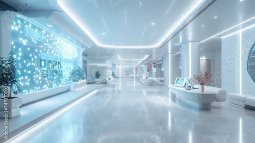 An expansive, futuristic lobby interior featuring sleek designs, interactive displays, and a cool blue color scheme.
