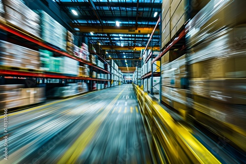 Long exposure shot capturing the essence of speed and logistics inside a bustling warehouse full of goods on shelves