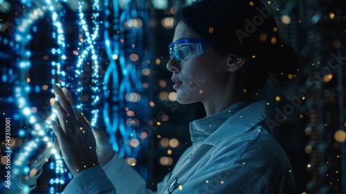 A female researcher in a lab coat examines a complex genetic data visualization on a futuristic digital interface.