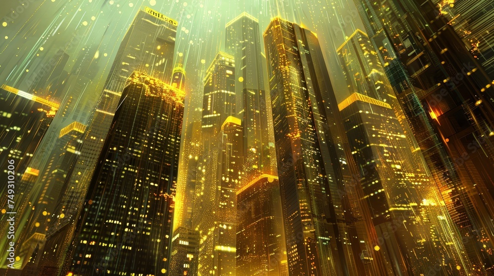 Dramatic view of golden lights showering down on a modern cityscape, evoking a sense of dynamic urban life. Dramatic view of golden lights showering down on a modern cityscape, evoking a sense of dynamic urban life.