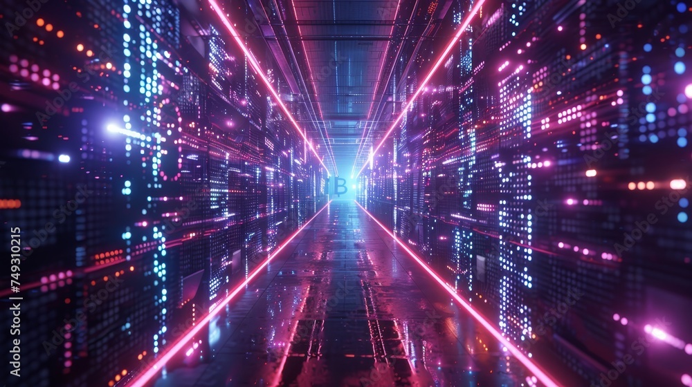 A high-tech blockchain data center corridor illuminated with vibrant neon pink and blue lights, symbolizing secure digital transactions. A high-tech blockchain data center corridor illuminated with vibrant neon pink and blue lights, symbolizing secure digital transactions.