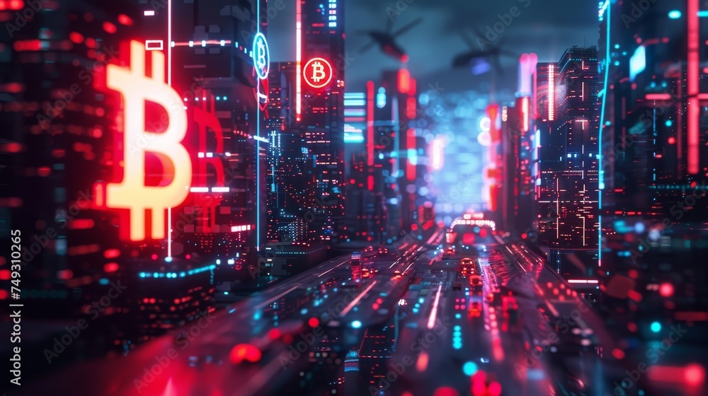 A vivid representation of a cyber cityscape with prominent Bitcoin symbols, highlighting the cryptocurrency's influence on future economies. A vivid representation of a cyber cityscape with prominent Bitcoin symbols, highlighting the cryptocurrency's influence on future economies.