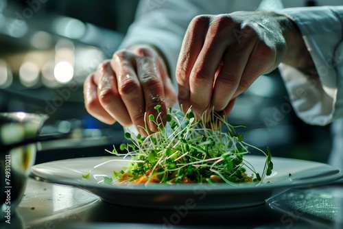 An expert chef meticulously adds microgreens to a gourmet plate, highlighting the art and precision of culinary presentation photo
