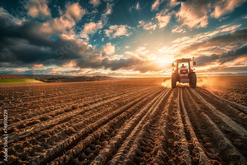 A tractor plows the field, creating deep furrows in the soil against a dramatic sunset backdrop, symbolizing agriculture and hard work photo
