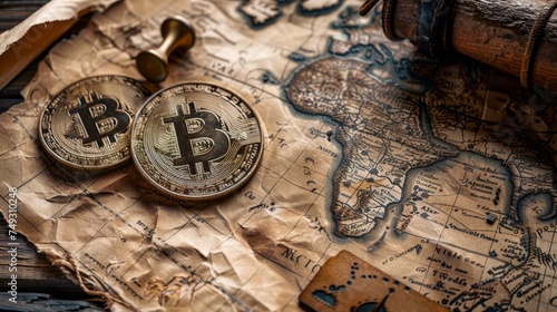 Two Bitcoins rest atop a weathered antique map with a classic magnifying glass, symbolizing the exploration of digital currency's impact on global finance.