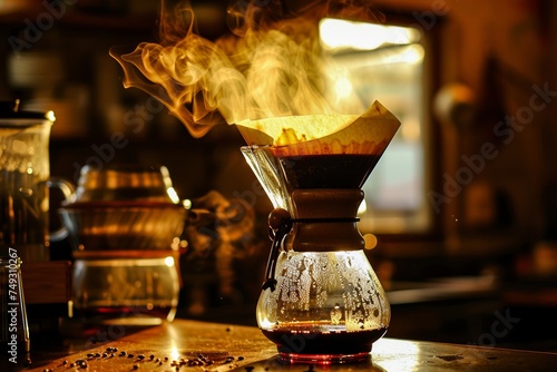 The process of brewing coffee with a manual pour-over coffee maker, capturing the steam and warm ambient light photo