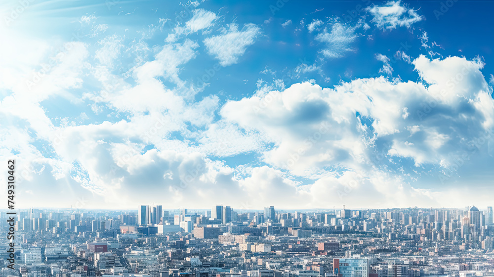 An aerial view captures the bustling cityscape from above on a bright An aerial view captures the bustling cityscape from above on a bright
