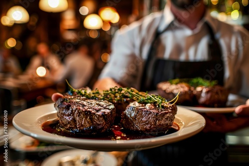 A close-up of a uniformed waiter presenting a sizzling hot steak dish garnished with herbs in a bustling restaurant setting