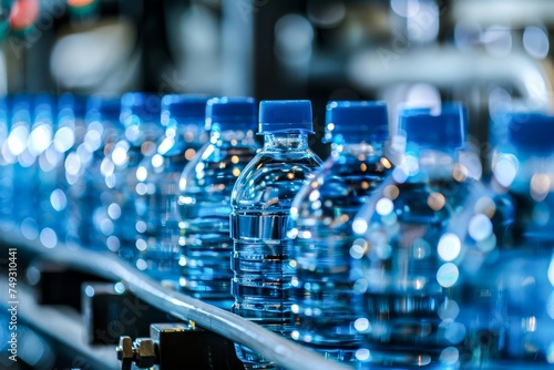 An image showing clear plastic water bottles on a production line in a manufacturing facility, symbolizing mass production and industrialization