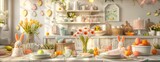 A beautifully decorated kitchen setup with Easter holiday inspired ornaments and bright atmosphere