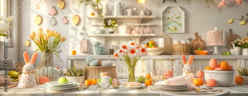 A beautifully decorated kitchen setup with Easter holiday inspired ornaments and bright atmosphere © Radomir Jovanovic