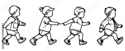 Continuous one black line art hand drawing child walking doodles outline cartoon characters set style coloring page vector illustration  on white background